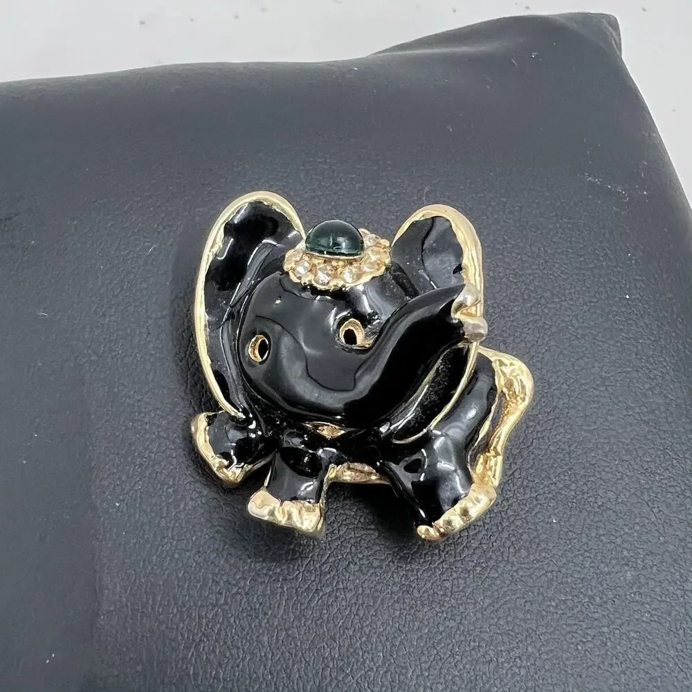 Vintage Unique Circus Elephant Gold Tone & Black Enamel Rhinestone Pin Brooch